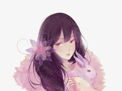 紫色抱兔子的美女素材