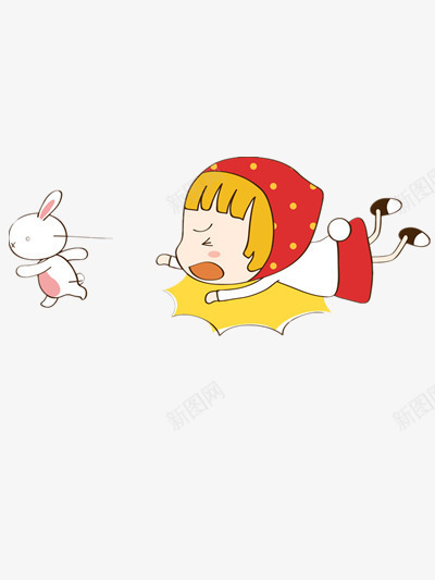 女孩追兔子png免抠素材_88icon https://88icon.com 卡通 头巾 手绘 白色 红色 黄色