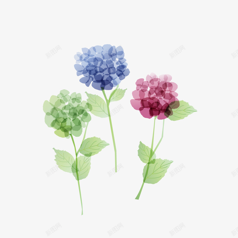 手绘清新花卉png免抠素材_88icon https://88icon.com 手绘三枝花 手绘植物花卉 粉红花朵 绘画 绿色花朵 蓝色花朵