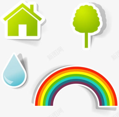 绿色房屋树木水珠彩虹自然图标矢量图图标