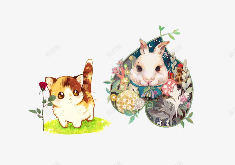 兔子小猫背景psd免抠素材_88icon https://88icon.com 动物 小猫 手绘 猫咪