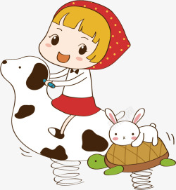 女孩和兔子骑木马卡通图素材