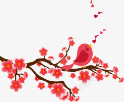 红色梅花手绘红色小鸟素材