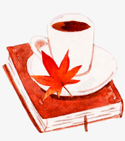 红色手绘水彩书本上的杯子素材