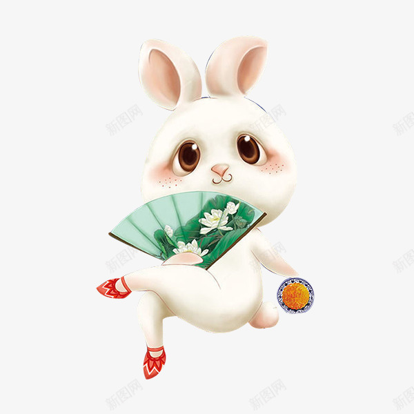 手绘可爱扇子兔子psd免抠素材_88icon https://88icon.com 卡通兔子 拿扇子的兔子 白兔子