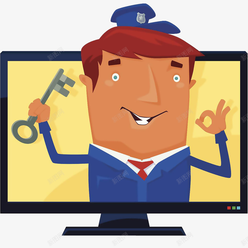 卡通电视保安拿着钥匙png免抠素材_88icon https://88icon.com OK手势 保安 保安卡通 保护 卡通 安保 帽子 微笑 电脑 钥匙