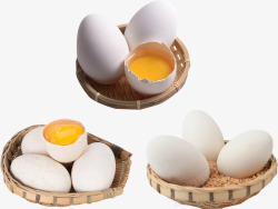 三只竹筐装白色土鸭蛋素材