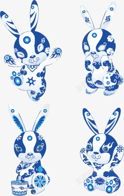 蓝色青花瓷小兔子素材