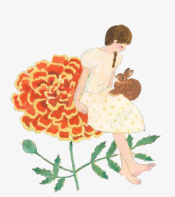 手绘坐在花上的少女素材