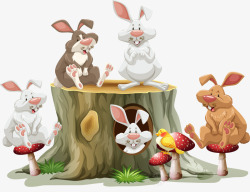 蘑菇卡通画手绘树墩和小兔子高清图片