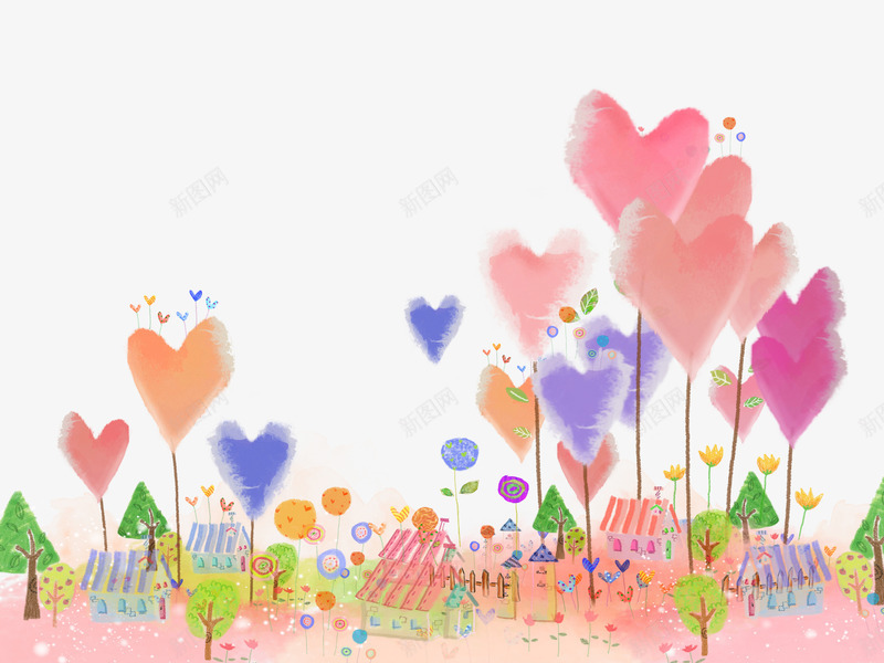 卡通手绘爱心童话村png免抠素材_88icon https://88icon.com 爱心 童话 粉红色