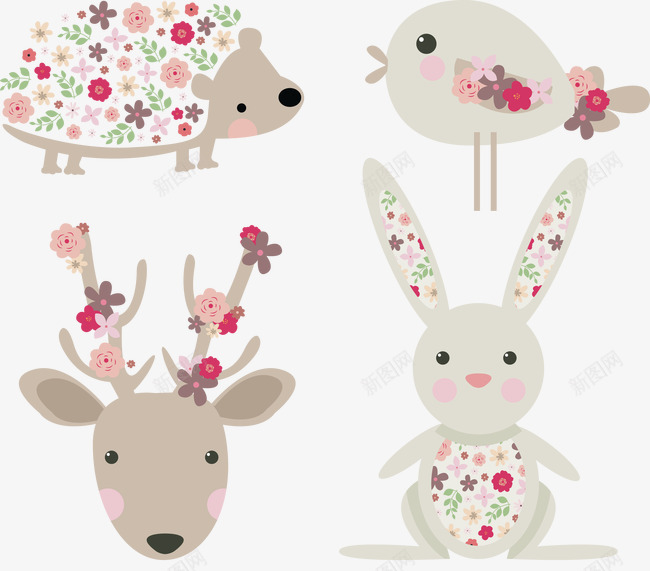 动物与花结合矢量图ai免抠素材_88icon https://88icon.com 兔子耳朵带花 小鸟 鹿角带花 矢量图