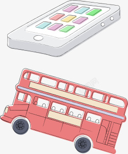 粉红色汽车手机公共汽车手绘卡通旅游元矢量图高清图片