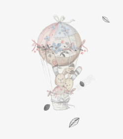 卡通手绘热气球和兔子素材