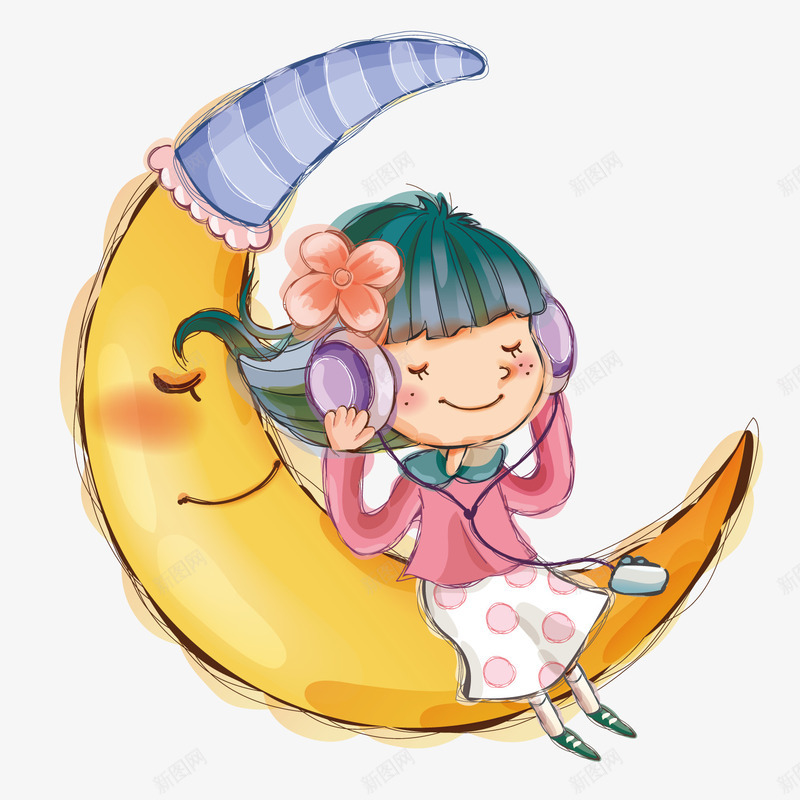 躺在月亮上听音乐的小女孩png免抠素材_88icon https://88icon.com 女孩 月亮 耳麦 音乐