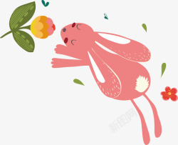 水彩粉色闻花的兔子矢量图素材