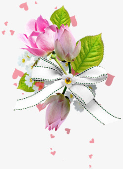 粉红色花朵心形漂浮蝴蝶结装饰素材