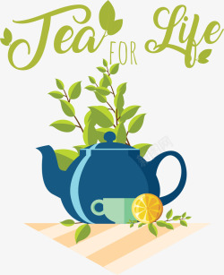 下午茶时光绿色茶叶蓝色茶壶矢量图高清图片