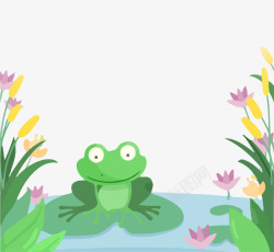 卡通手绘夏季青蛙池塘插画素材