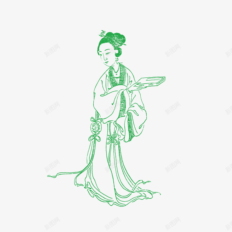 琴棋书画的古代女子png免抠素材_88icon https://88icon.com 中国风 古代 古代小人 大家闺秀 女子 手握书本 站立的 简笔画 绿色