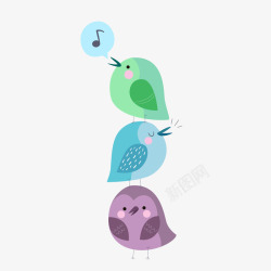绿蓝紫色卡通唱歌小鸟矢量图素材