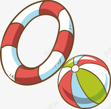 夏日饮料救生圈皮球彩色夏季沙滩度假元素矢量图图标图标