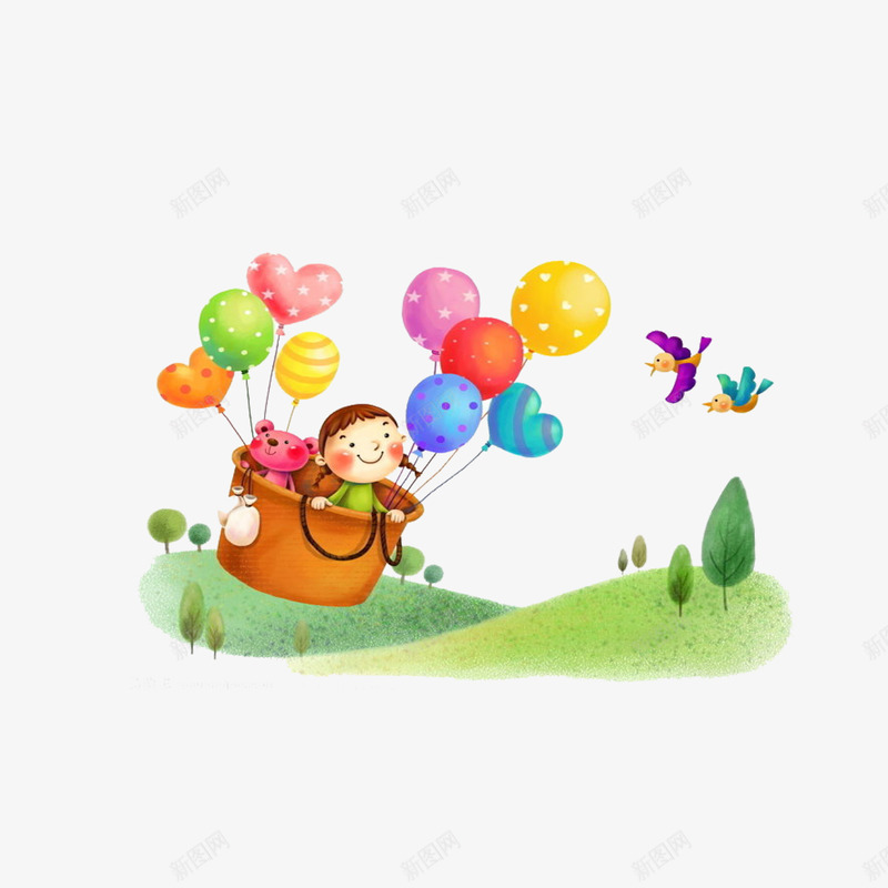 卡通热气球女孩png免抠素材_88icon https://88icon.com 动物 小鸟 手绘 植物 草地