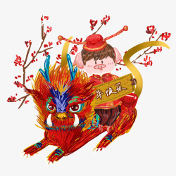 新年主题新年快乐卡通猪骑着狮子素材