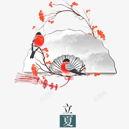 卡通中国风装饰立夏psd免抠素材_88icon https://88icon.com 二十四节气 卡通小鸟 手绘效果 立夏节气 红色花朵 装饰图