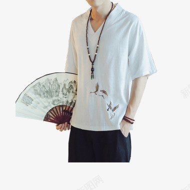 男士背包中国风男士夏季亚麻仙鹤刺绣短袖T恤图标图标