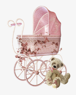 粉色婴儿车和玩具熊素材