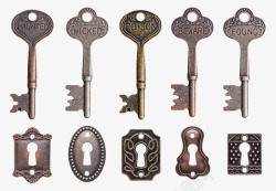 古代器金色排列好的钥匙和钥匙孔古代器高清图片