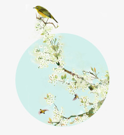卡通手绘春季树枝上站立的鸟素材