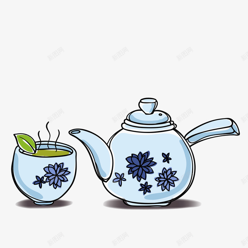 手绘中国风茶壶茶叶一壶茶png免抠素材_88icon https://88icon.com 一壶茶 中国文化 茶 茶叶 茶壶 蓝色茶壶