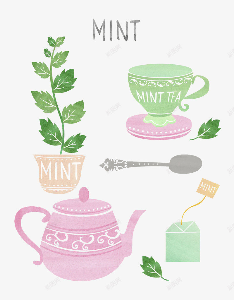 手绘泡茶餐具png免抠素材_88icon https://88icon.com 勺子 碟子 绿色植物 茶叶 茶叶包 茶叶片 茶壶 茶杯