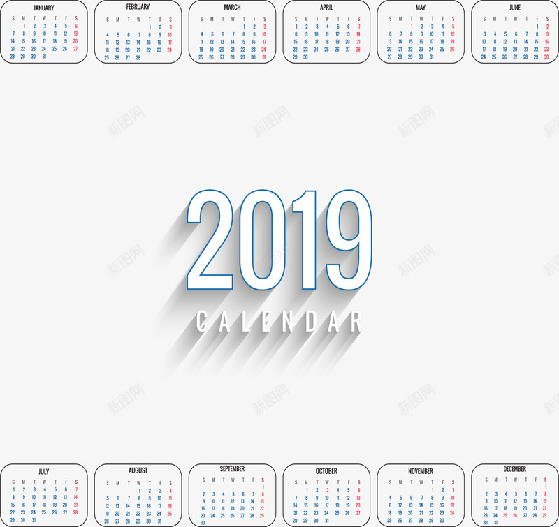 白色2019新年日历矢量图ai免抠素材_88icon https://88icon.com 2019年 2019日历 新年日历 日历 矢量png 矢量图