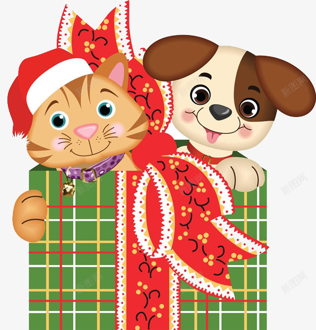 卡通礼盒上的狗狗png免抠素材_88icon https://88icon.com 卡通 小猫 礼盒上的狗狗 红色的丝带 绿色的礼包 送礼物的动物
