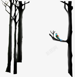 手绘树枝树林彩色小鸟素材