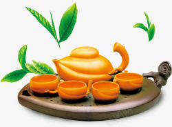 橘黄色的茶壶和绿叶素材