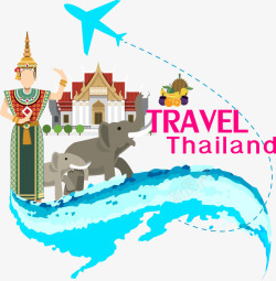 手绘飞机泰国建筑大象元素素材