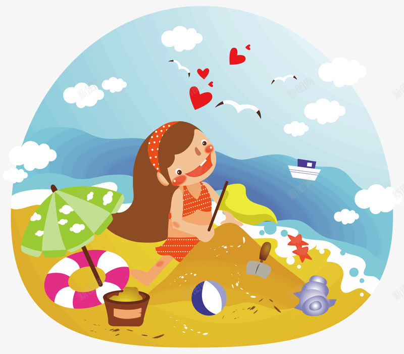 在沙滩上玩耍的女生png免抠素材_88icon https://88icon.com 各种玩具 夏天 女生海边 沙滩 沙滩上的女人 白色的海鸥 红色泳衣 蓝色的大海 长头发