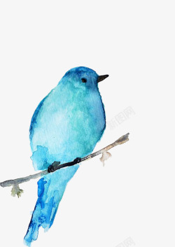 手绘浅蓝色站在枝头的小鸟素材