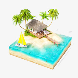 立体帆船椰子树岛屿素材