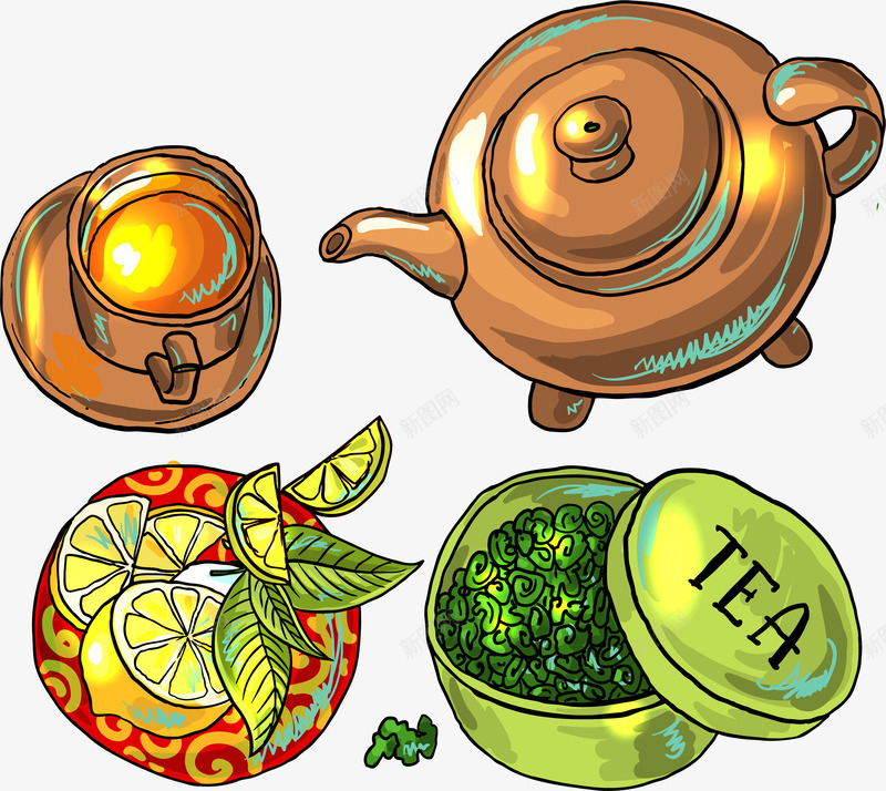 手绘美味绿茶png免抠素材_88icon https://88icon.com EPS格式 手绘 木纹 柠檬 绿茶 茶叶 茶壶 茶杯