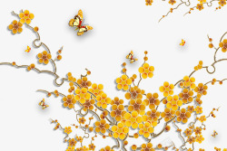 手绘黄色花朵蝴蝶树枝素材