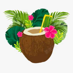 水彩绘夏威夷椰汁和棕榈树叶素材