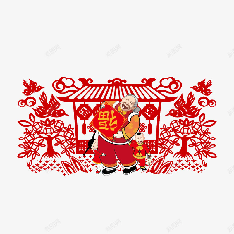 中国风剪纸png免抠素材_88icon https://88icon.com 中国风 小孩 小鸟剪纸 房子剪纸 摇钱树 老奶奶 老婆婆卡通