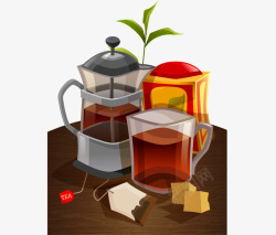 手绘桌面茶具红茶包茶叶素材