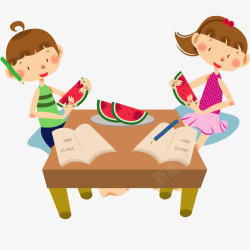 吃西瓜的小孩插画夏天卡通吃西瓜的小孩矢量图高清图片