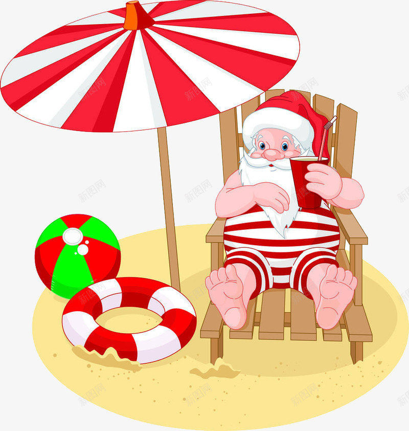 圣诞老爷爷的沙滩假日png免抠素材_88icon https://88icon.com 创意 卡通 圣诞老人 夏季 多彩 游泳圈 红色 饮料